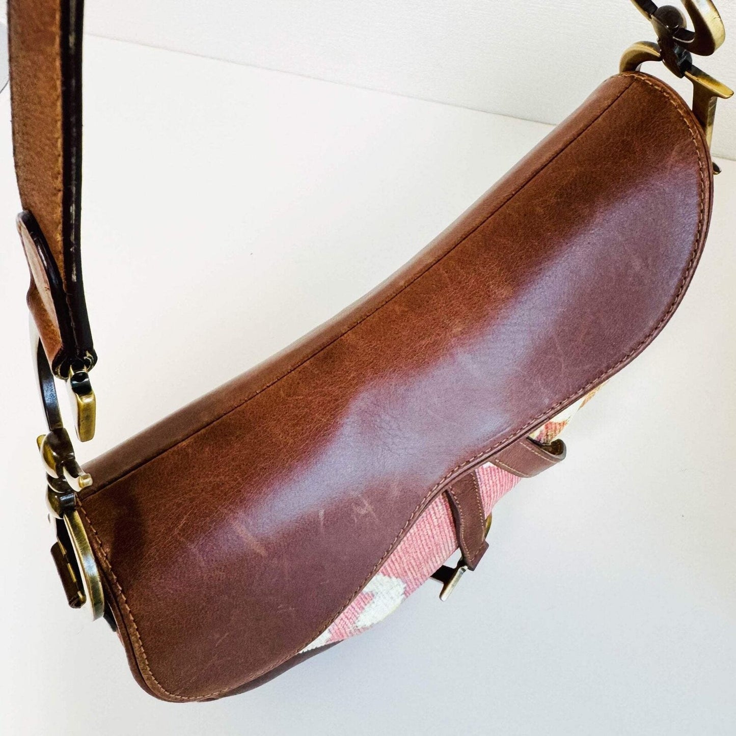 Authentic CHRISTIAN DIOR Saddle Brown Leather Printed Velvet Shoulder Bag Pre-owned