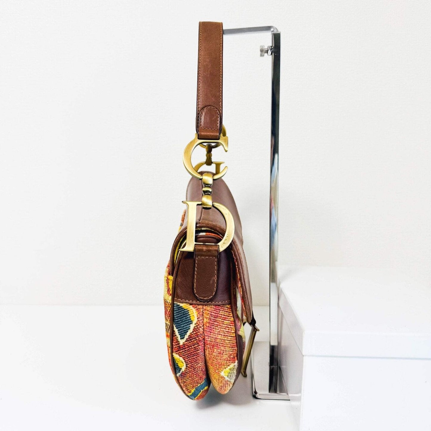 Authentic CHRISTIAN DIOR Saddle Brown Leather Printed Velvet Shoulder Bag Pre-owned